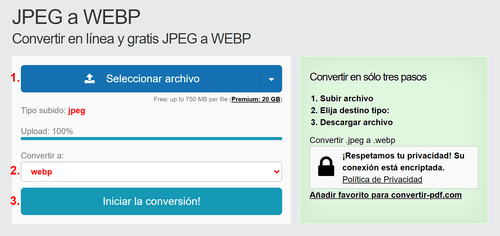 Cómo convertir JPEG archivos en línea a WEBP