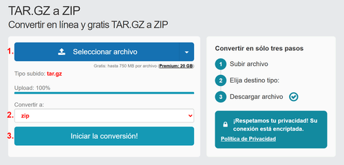Cómo convertir TAR.GZ archivos en línea a ZIP